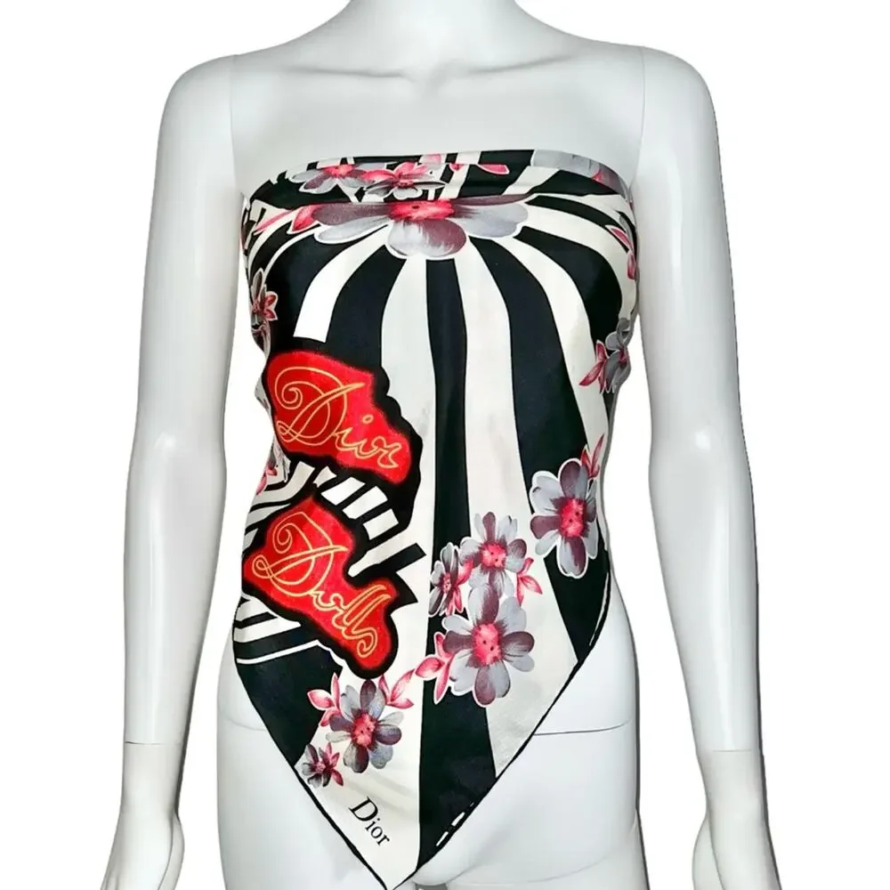 AUTH VTG Christian Dior Dolls Logo Floral Print Silk Large Square Scarf Top